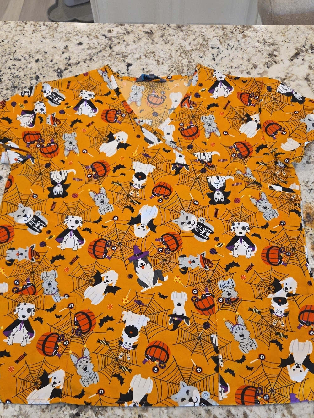Halloween Dog Print Scrub Top in Orange